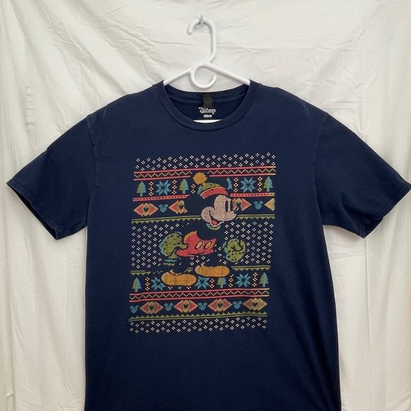 Disney Mickey Mouse Christmas Sweater Pattern Unisex XL T-Shirt Blue - Picture 1 of 9
